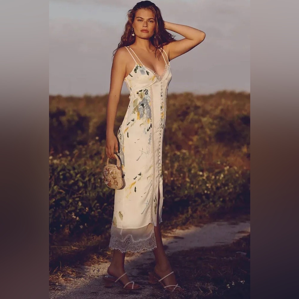 NWT Anthropologie Lace Button-Front Slip Dress with Floral Motif